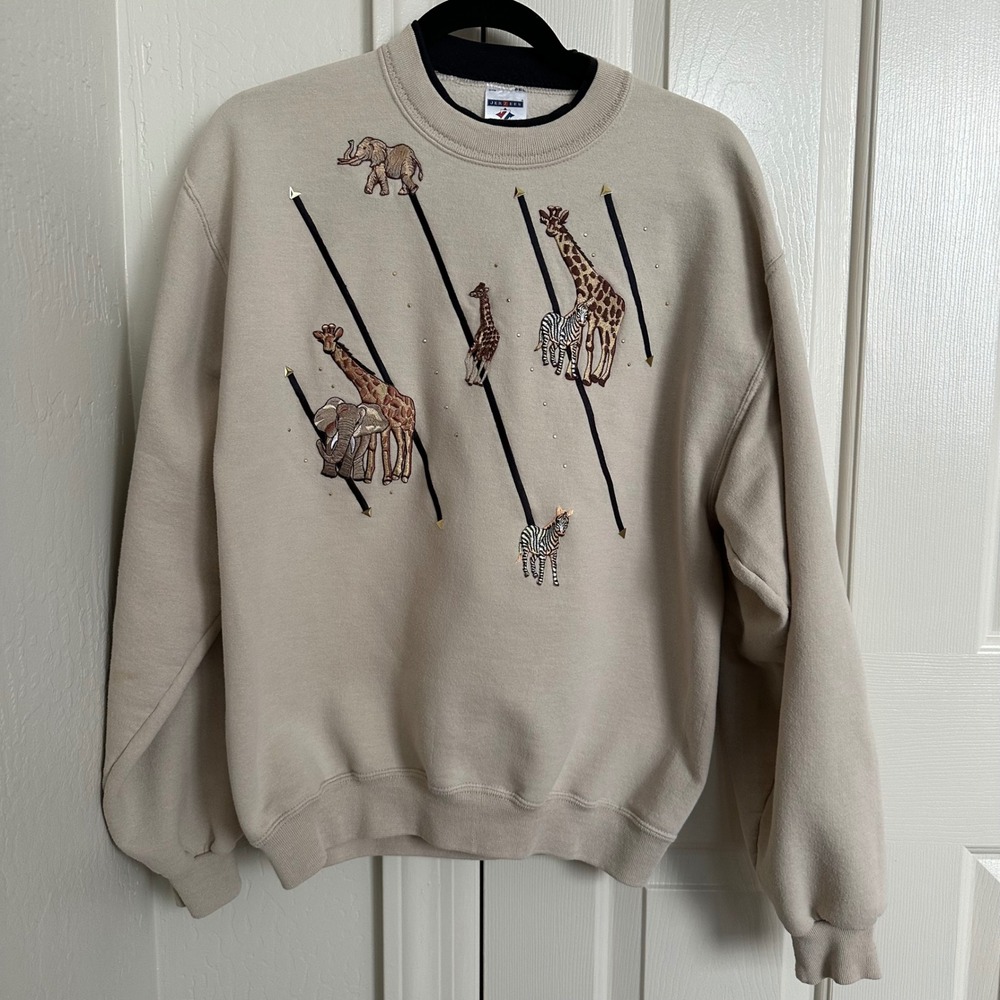 Jerzees Beige Pullover Sweatshirt with Embroidered Safari Animals